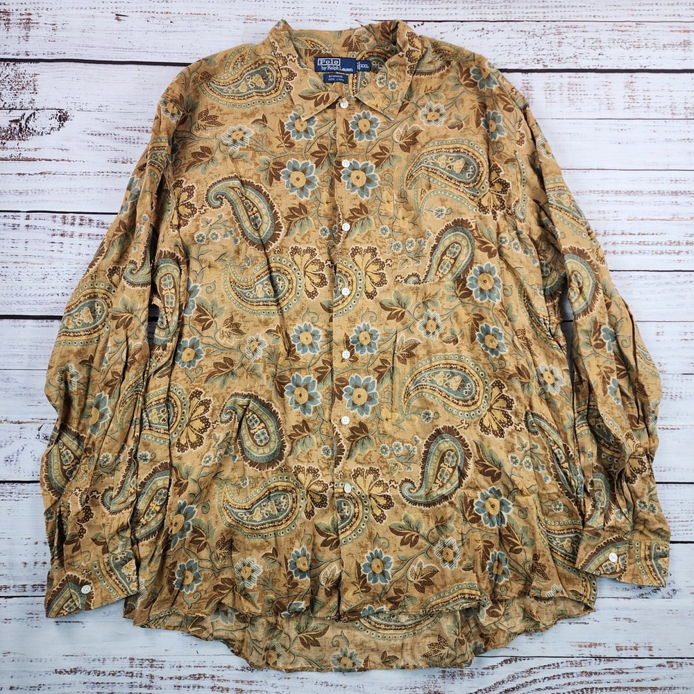 Polo Ralph Lauren Bonnard Linen Paisley Floral Shirt XXL Western Camp Brown